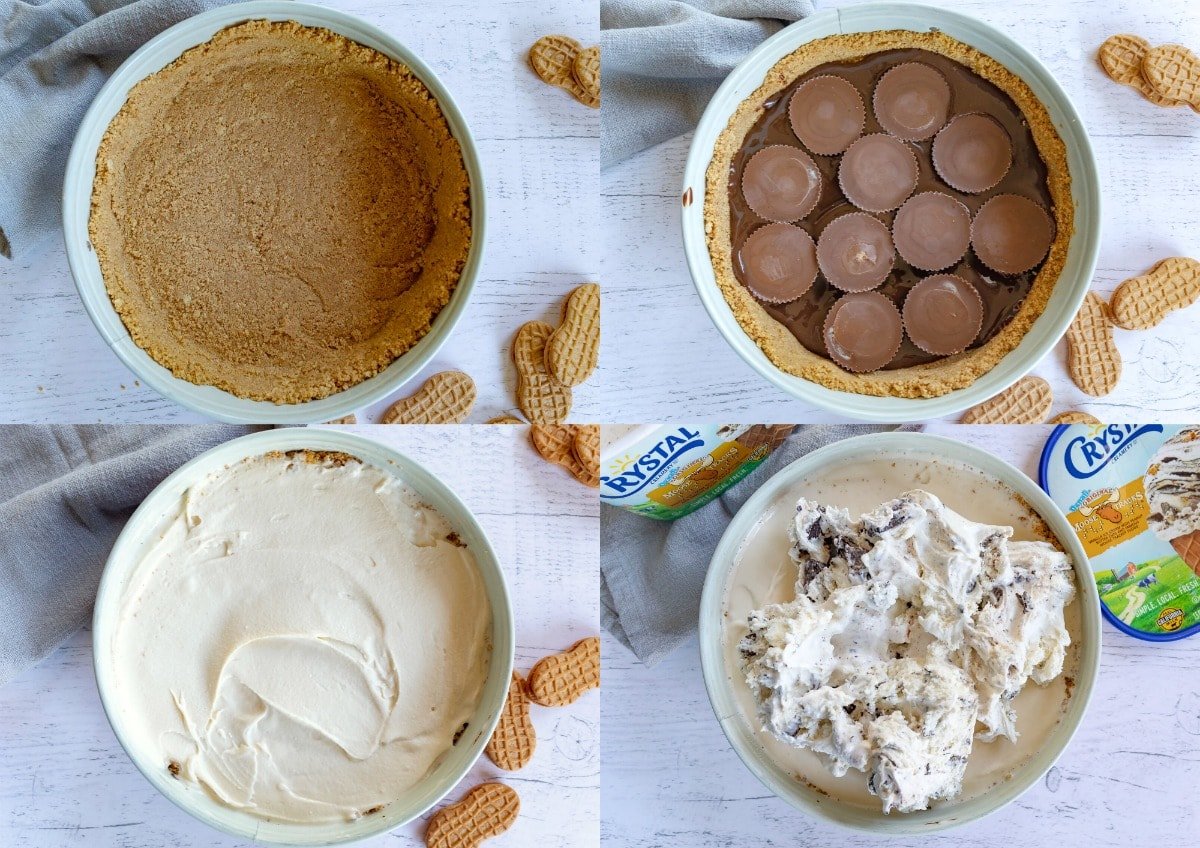 four image collage of ice cream cake being assembled