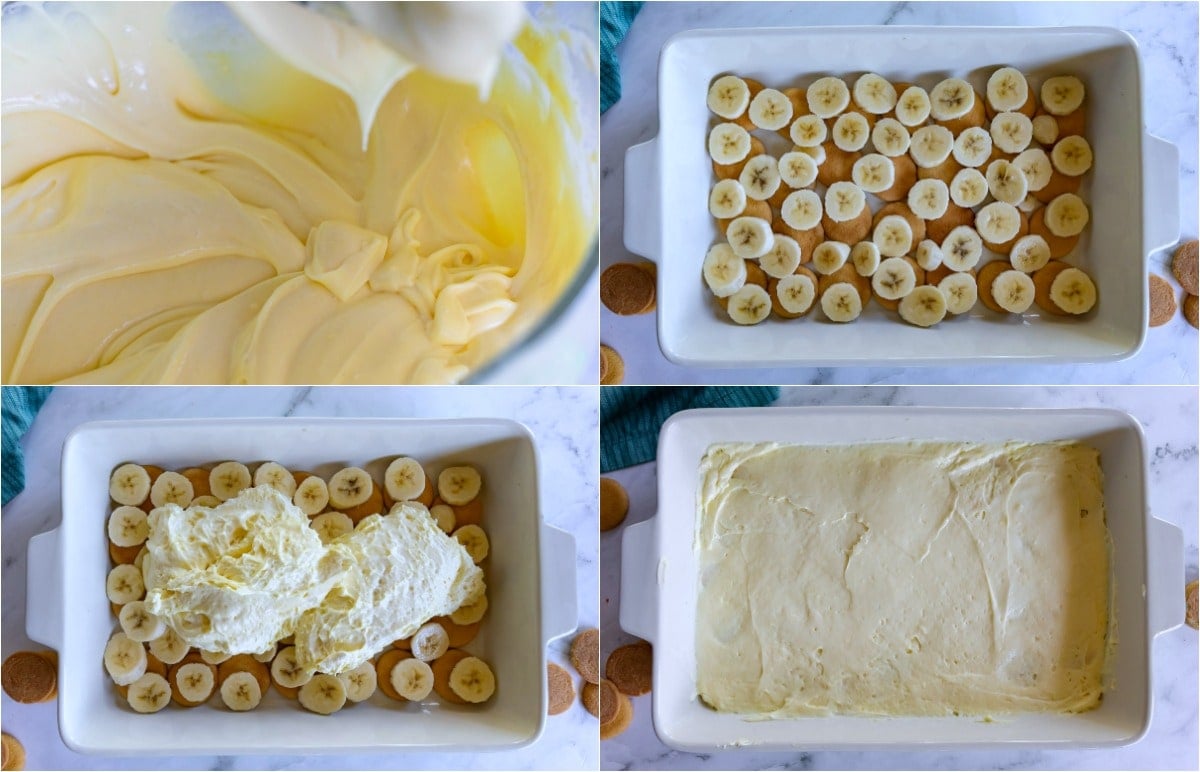 four image collage showing first layers of banana pudding being assembled in casserole dish