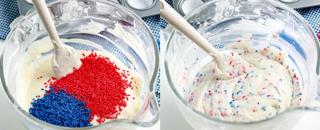 mini cupcakes batter in mixing bowl with red and blue jimmies