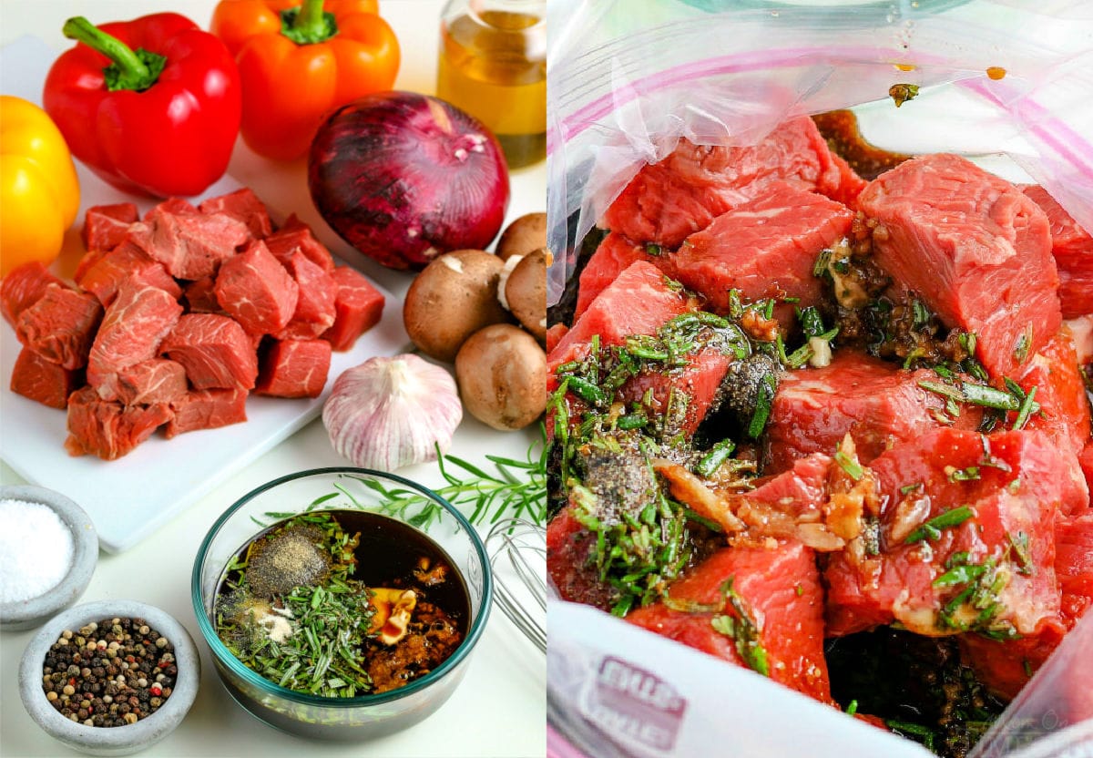 steak kabob ingredients and beef kabob marinade in bag