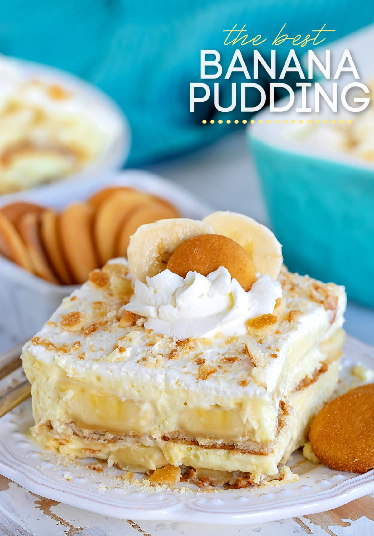 the best banana pudding recipe served on a white plate garnished with whipped cream and nilla wafers and text overlay