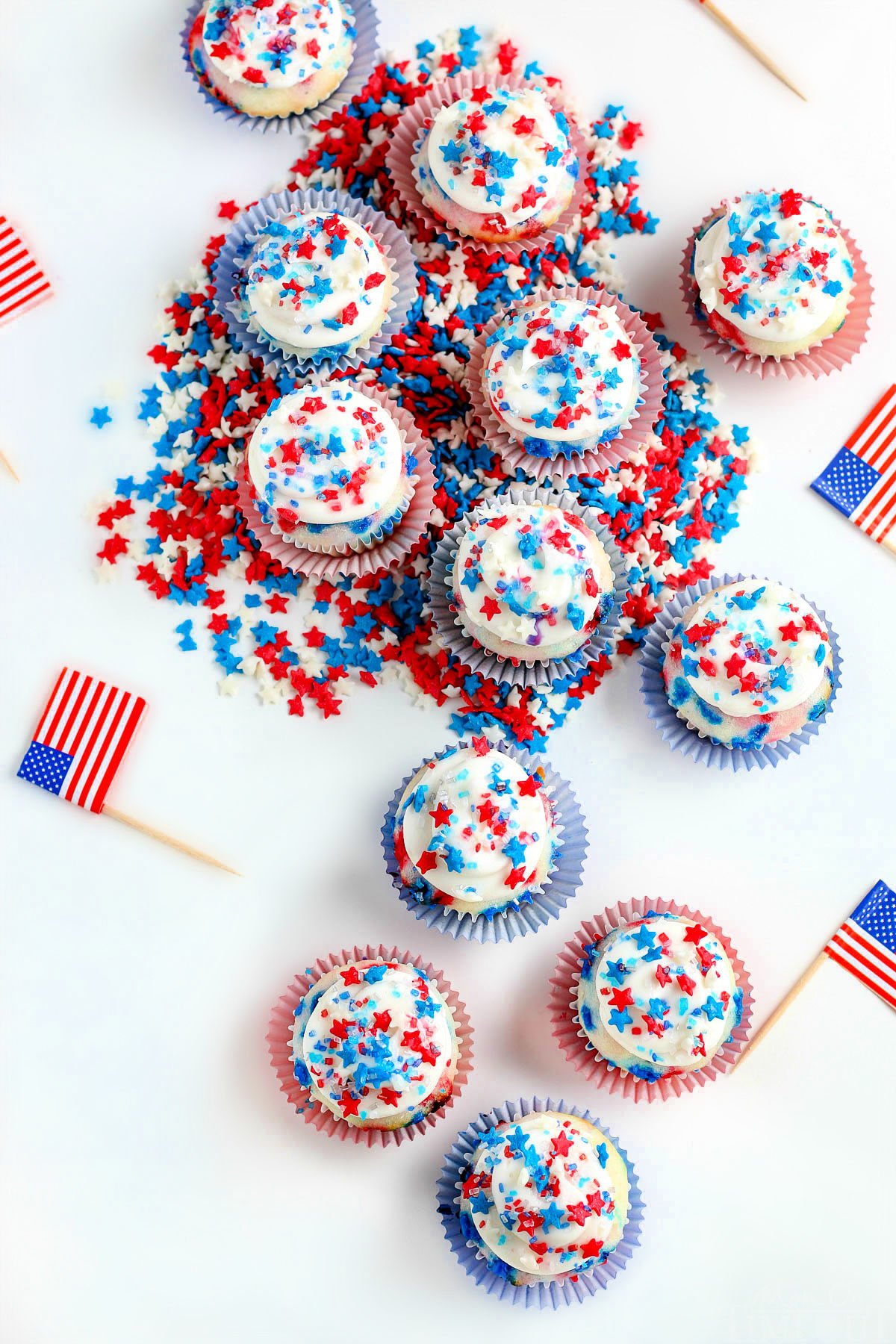 top down view of mini cupcakes decorated for 4th of july