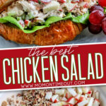 2 image chicken salad collage with sandwich on top and ingredients in bowl on the bottom