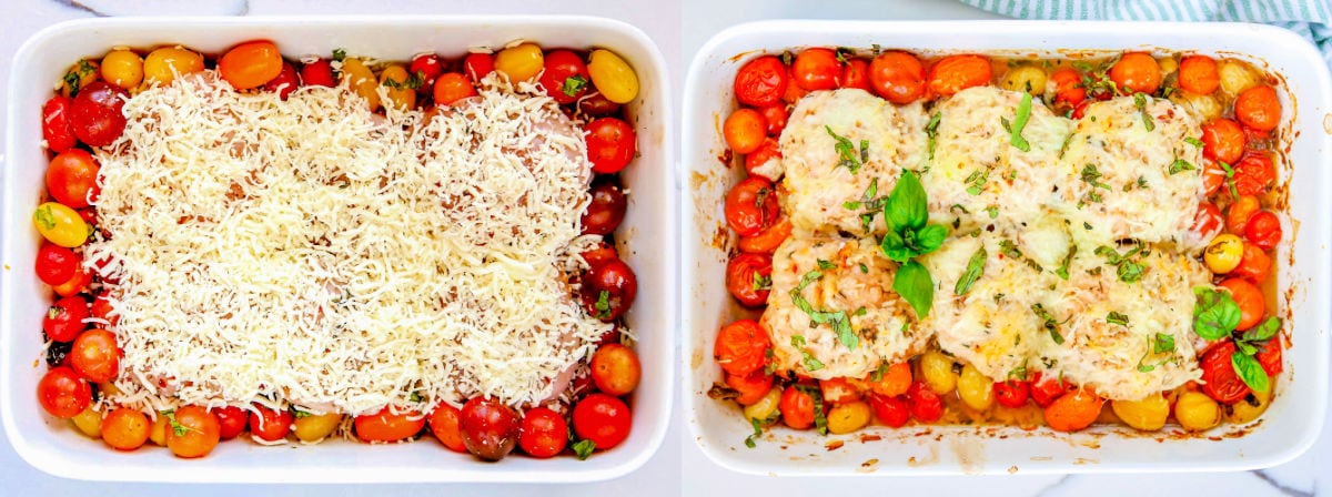 2 image collage cheese on top of chicken and tomatoes on left and baked chicken on right