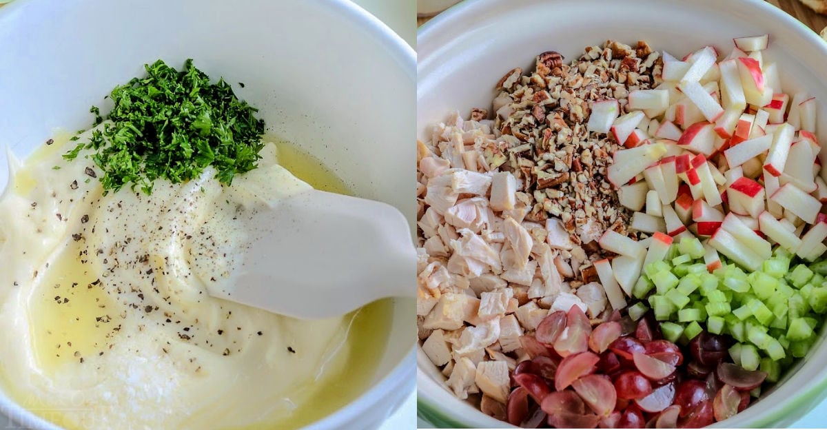2 image collage dressing in bowl and remaining ingredients in separate bowl