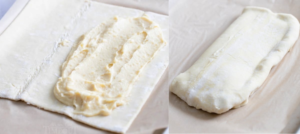 2 image collage of almond filling being spread on pastry and then the pastry folded over