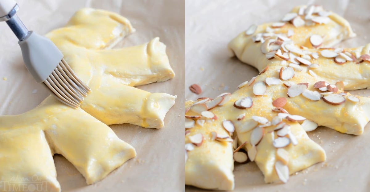 2 image collage of bear claw pastry being brushed with egg wash and then almonds and sugar sprinkled on top