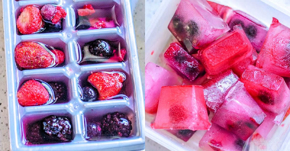 2 image collage of berries in ice cube tray and frozen removed from ice cube tray