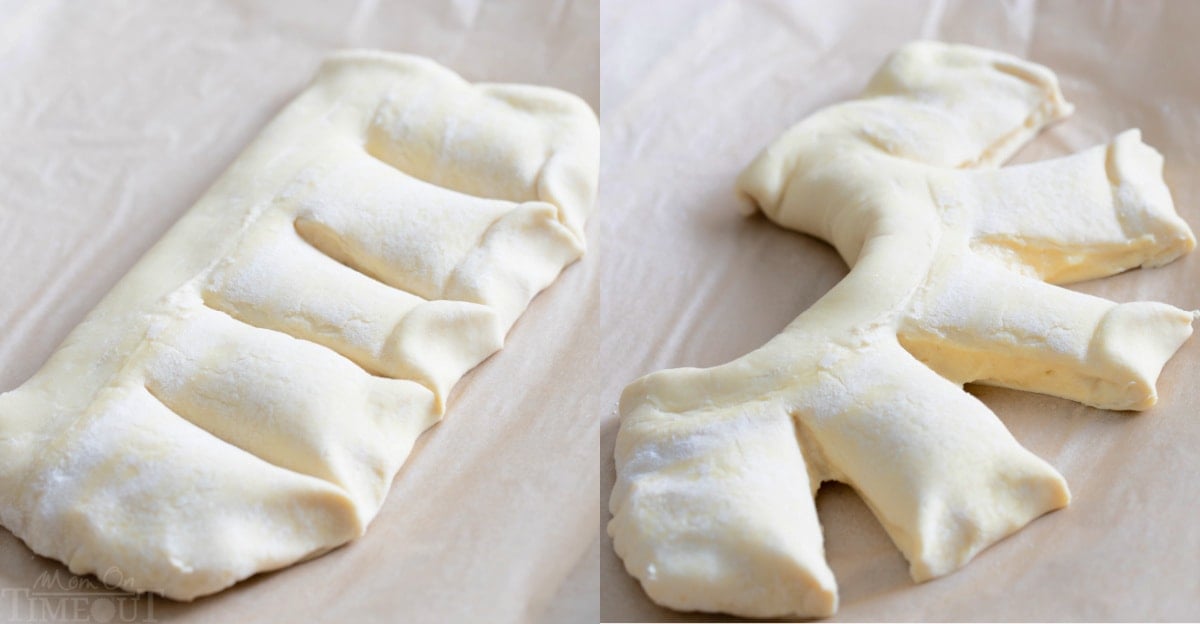 2 image collage showing bear claw being cut into and then spread apart on parchment paper