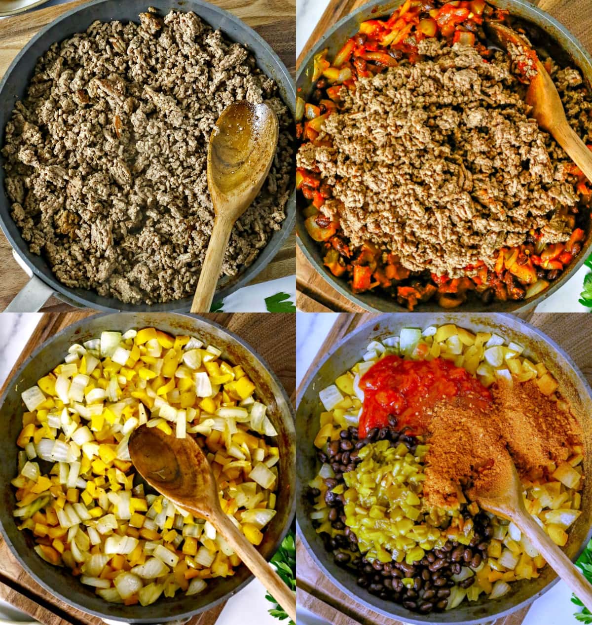 4 image collage of process of cooking ingredients in skillet for casserole