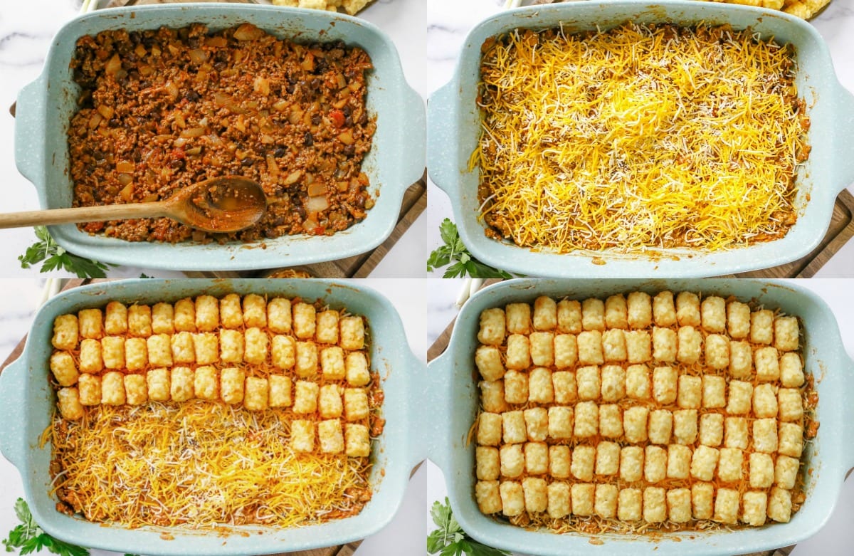 assembly of tater tot casserole in baking dish in 4 image collage