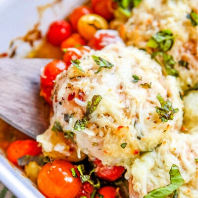 baked chicken with tomatoes and basil in baking dish square