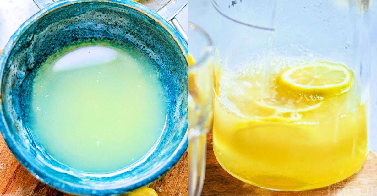 fresh squeezed lemon juice in bowl and in pitcher with fresh lemon slices