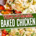 tomato basil baked chicken in white dish garnished with fresh basil in 2 image collage with text overlay