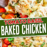 tomato basil baked chicken in white dish garnished with fresh basil in 2 image collage with text overlay