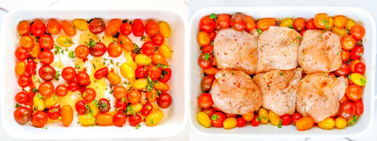 tomatoes in dish on left side and chicken breasts added to dish on right side