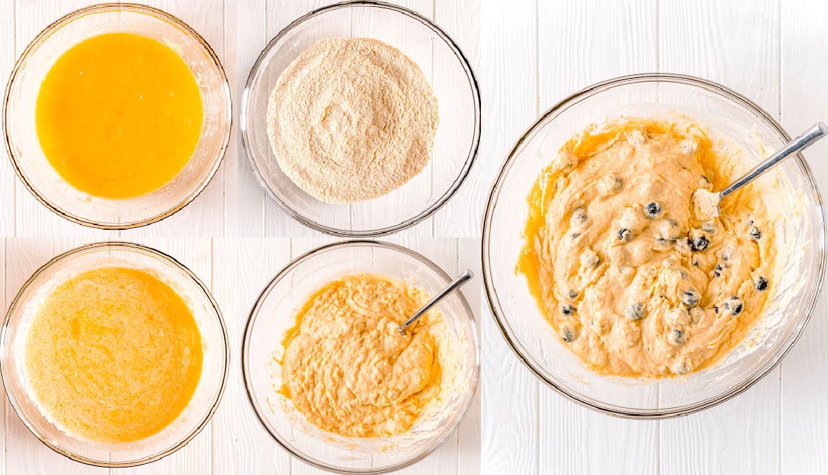 blueberry corn muffins batter being gradually mixed together in a 5 image collage