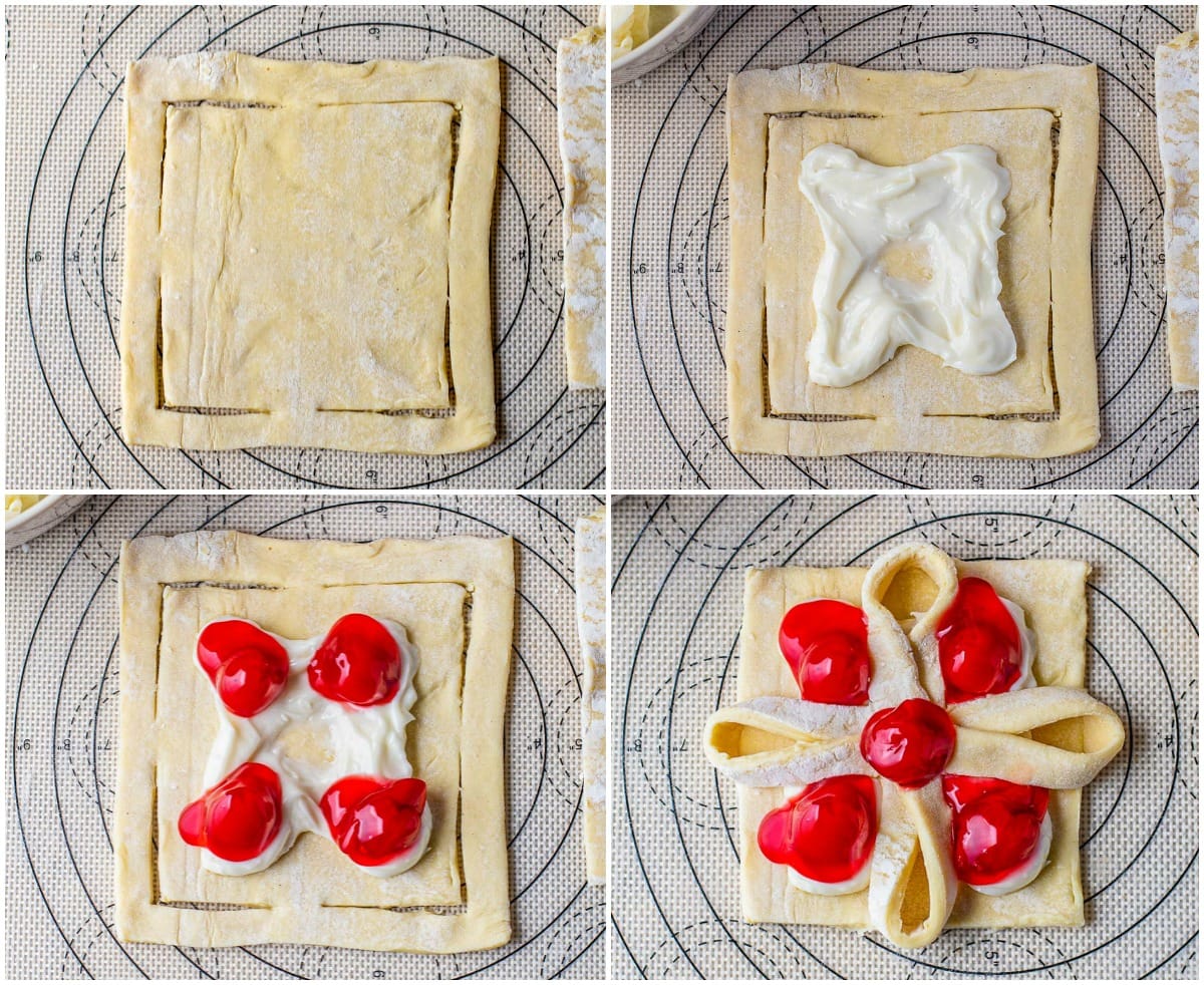 cherry cheese danish 4 image collage of how to cut and fold the danish