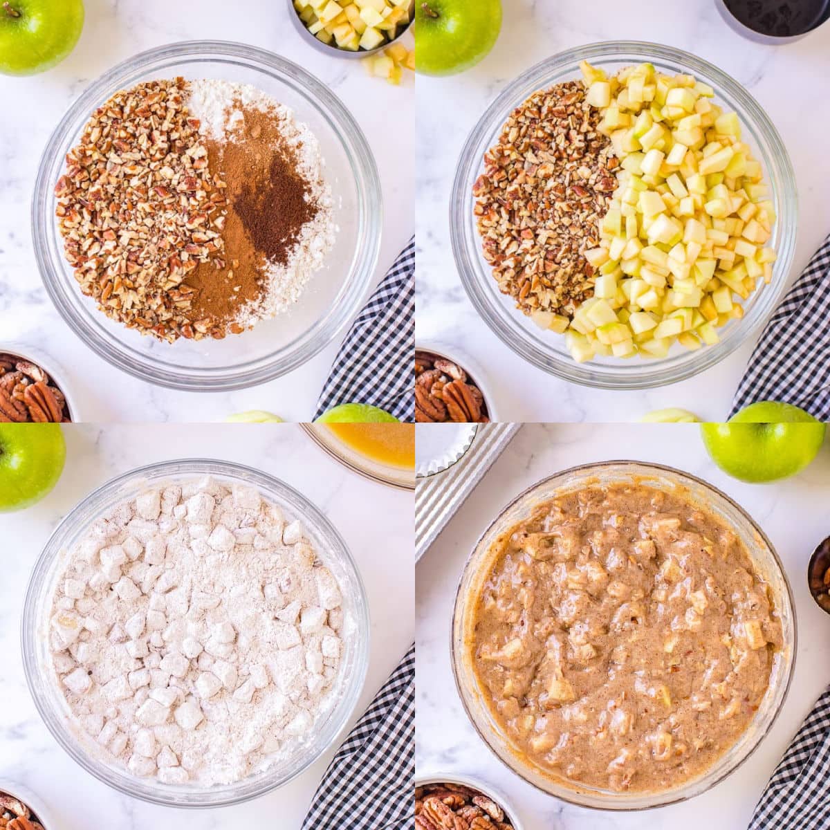 4 image collage of mixing apple muffin recipe batter together in glass bowl