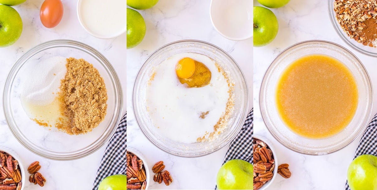 3 image collage of mixing wet ingredients together in glass bowl