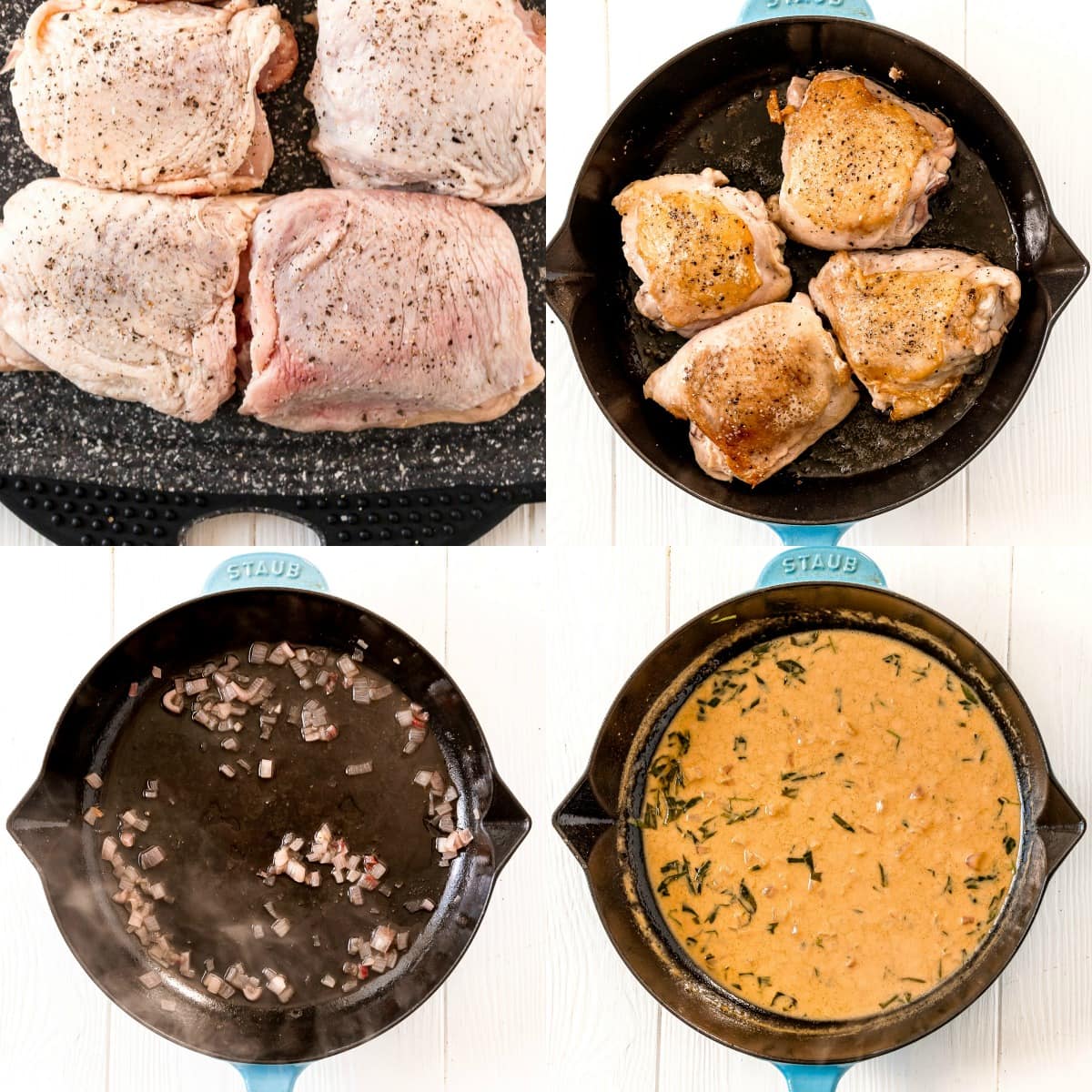 four image collage of chicken thighs seasoned and then seared and the sauce being made in the same skillet