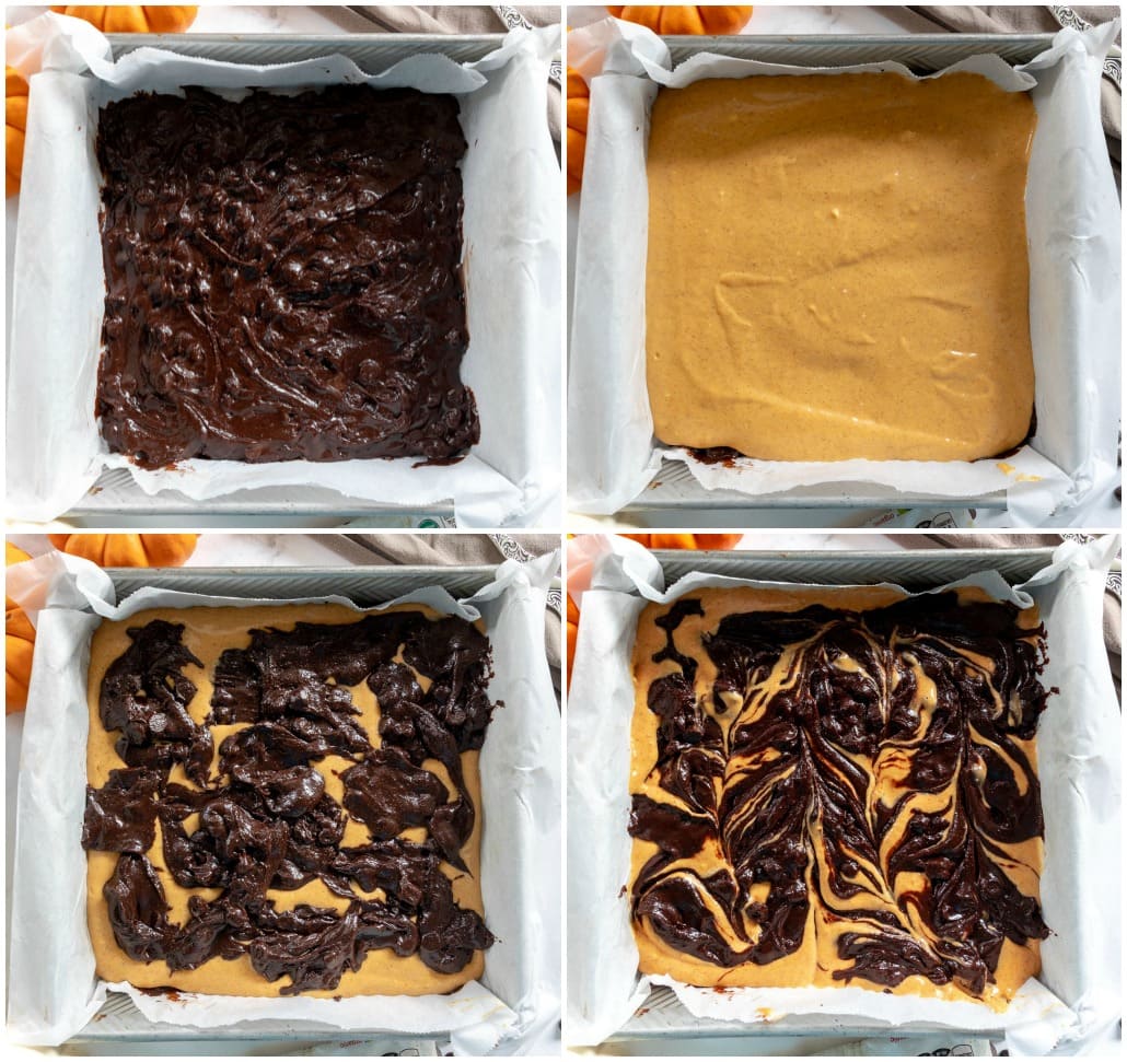 how to make pumpkin brownies 4 image collage with brownie layer, cheesecake layer, more brownie batter and then the top swirled