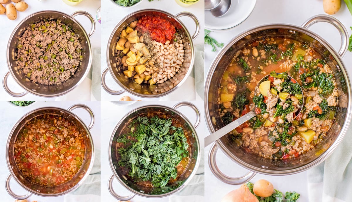 how to make sausage kale soup in 5 image step by step collage showing the stock pot with ingredients being added in order