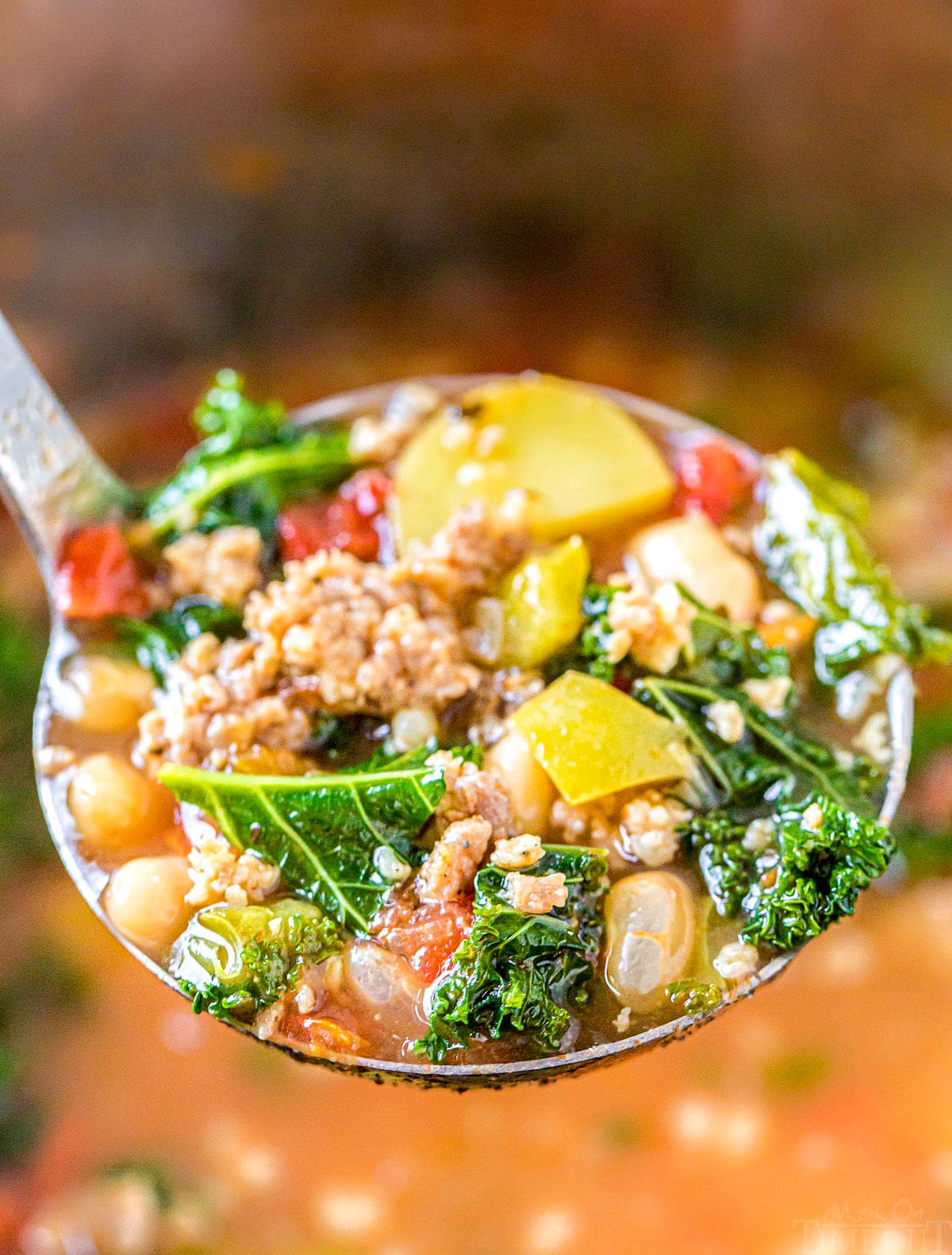 ladle full of sausage and kale soup