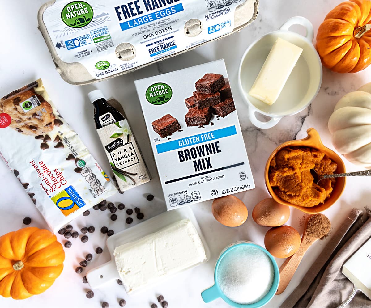 top down view of pumpkin brownies ingredients laid out on marble surface