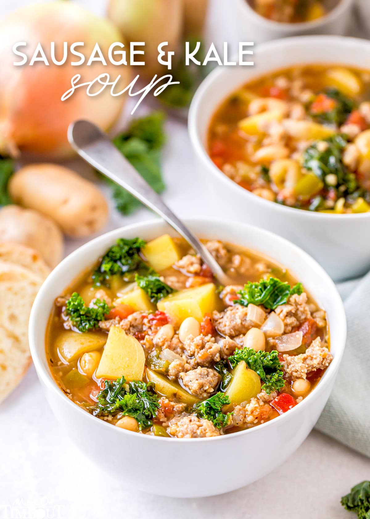 soup in white bowl with spoon in it and a second bowl in the background title overlay at top