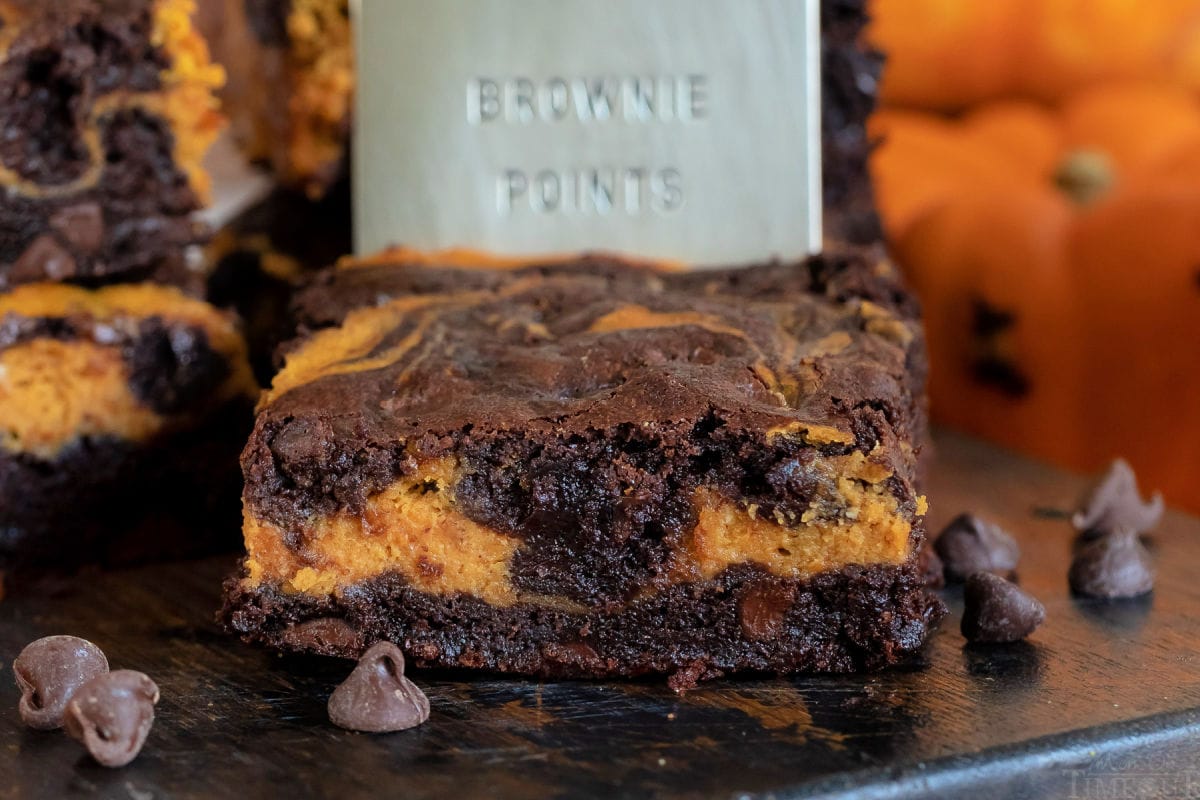 single pumpkin cheesecake brownie with brownie points server behind it