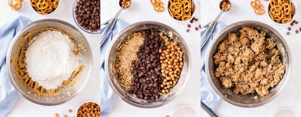 three image collage of chocolate chip cookie dough being mixed up in metal mixing bowl