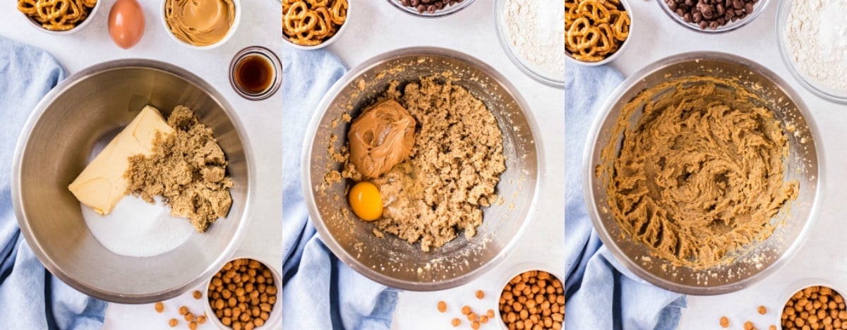 three image collage of cookie dough ingredients being mixed together in metal bowl