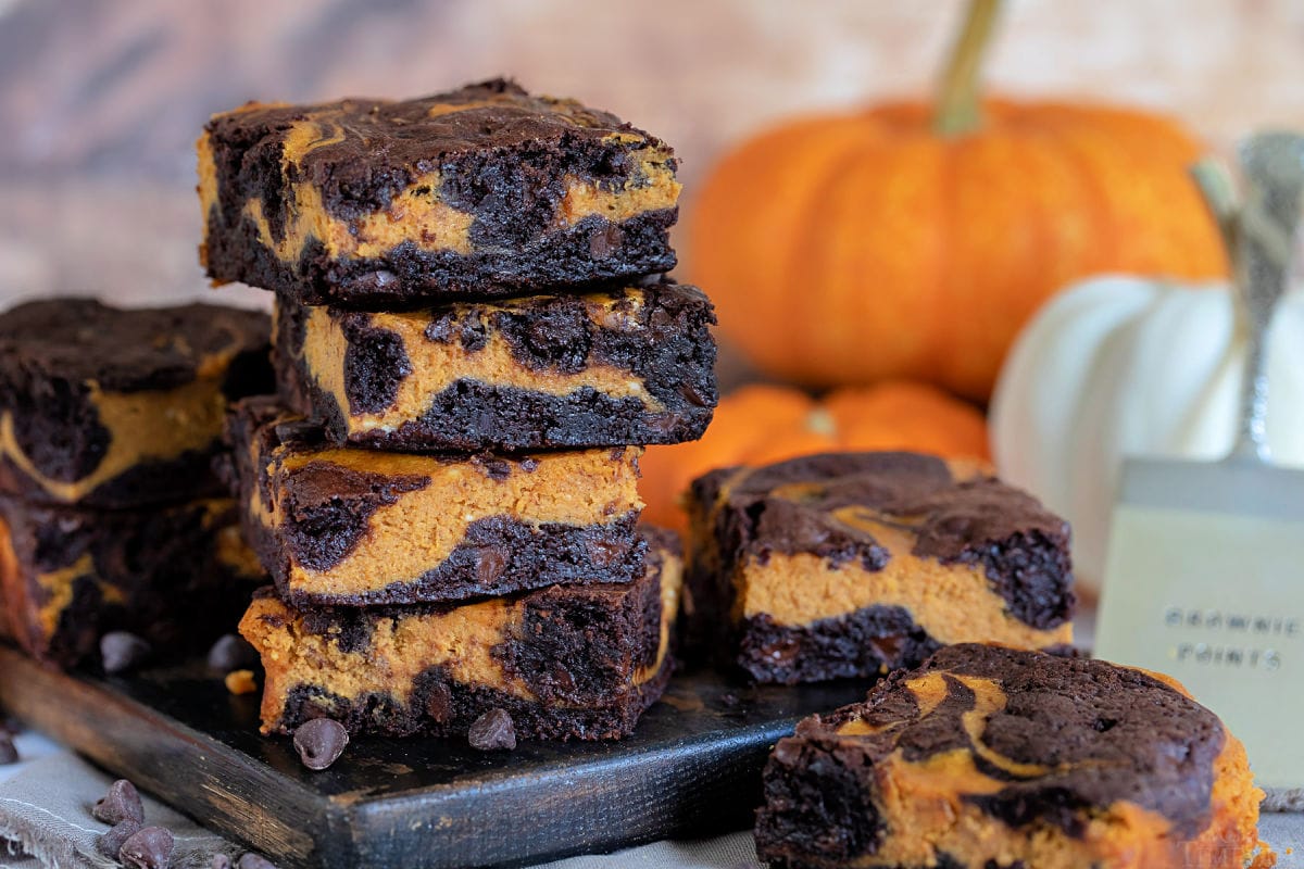 wide shot of pumpkin cheesecake brownies on dark board with pumpkins in background