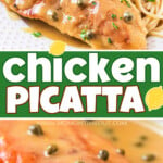 two image collage showing chicken piccata plated with pasta on a white plate and a close up of the chicken in the skillet. center color block with text overlay.