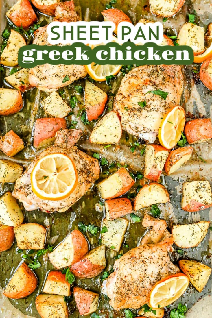 greek chicken prepared on sheet pan with lemons potatoes and parsley as well as a title overlay at top of image