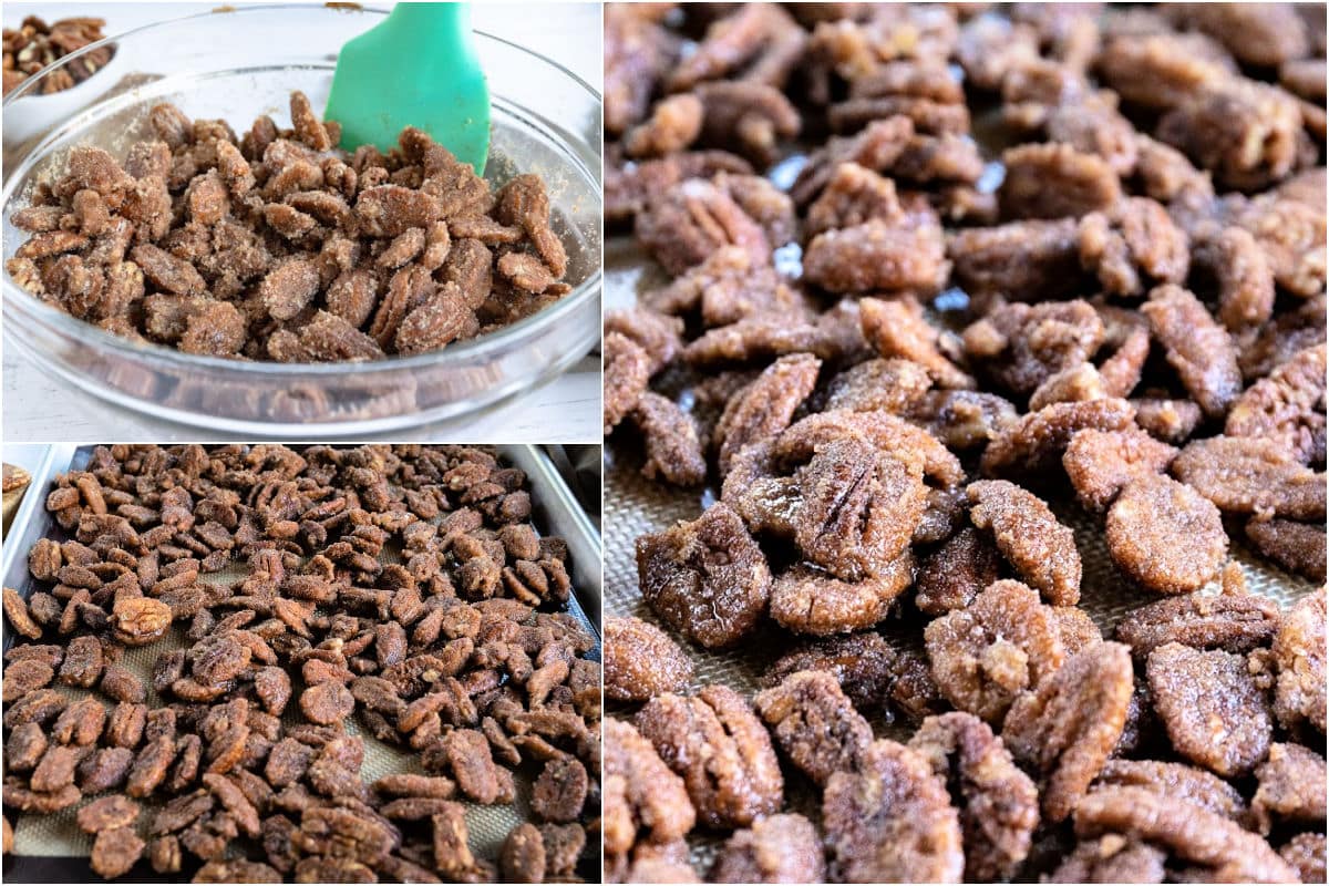 three image collage of pecans being mixed together spread on baking sheet and close up of pecans about to go in the oven