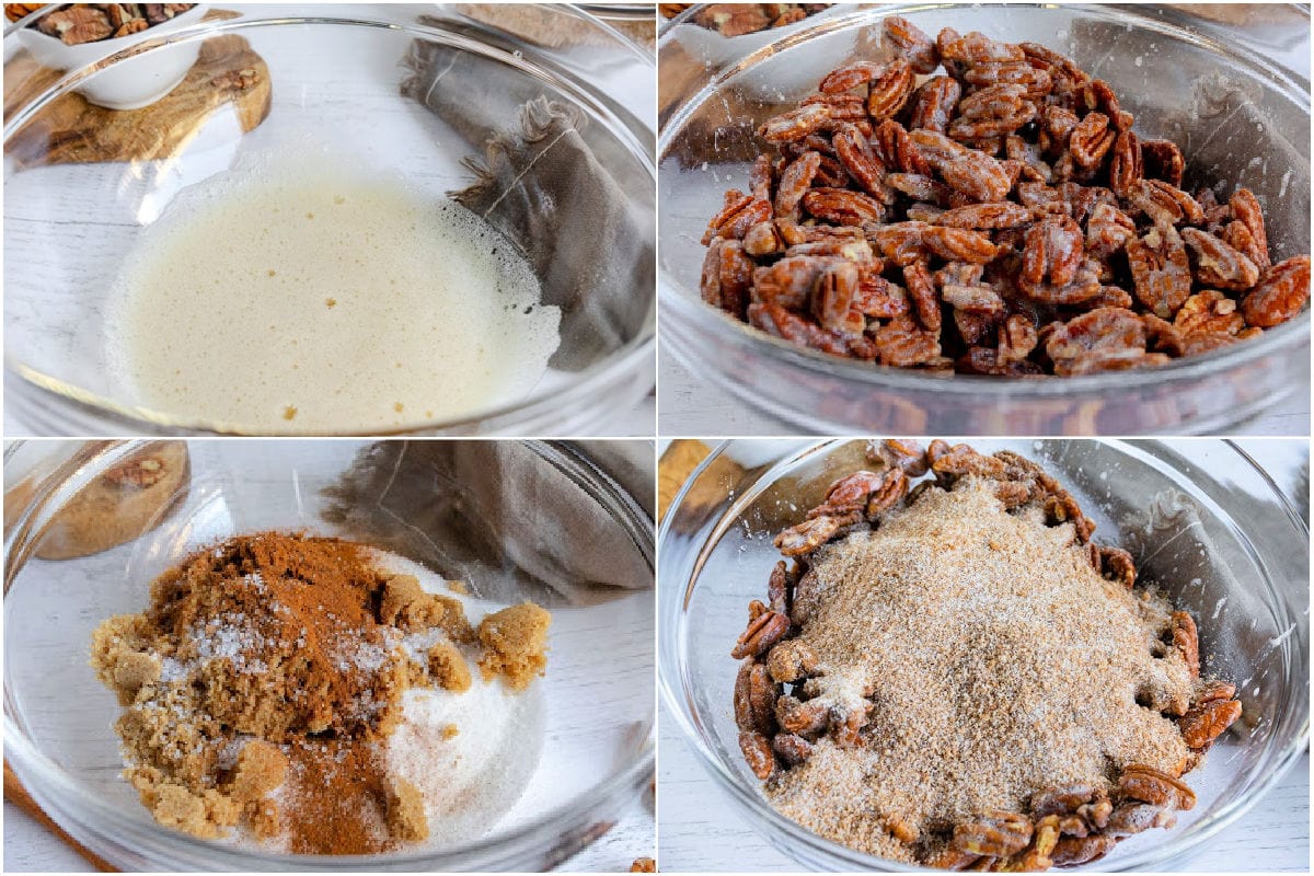 how to make candied pecans 4 image collage showing step by step