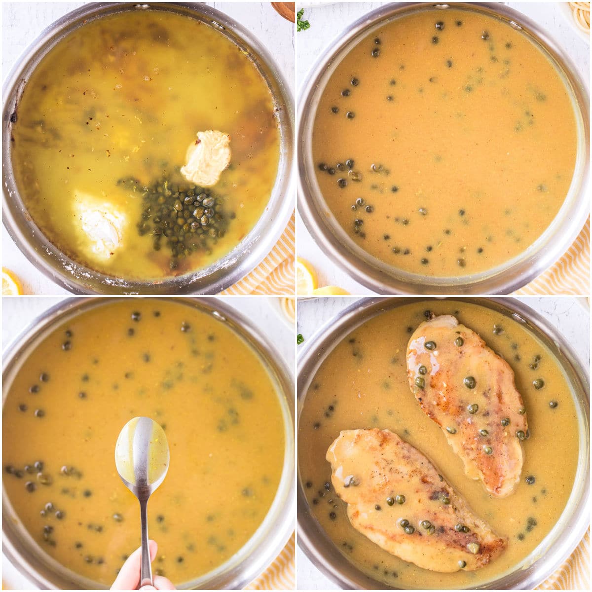 how to make chicken piccata sauce in 4 image collage.