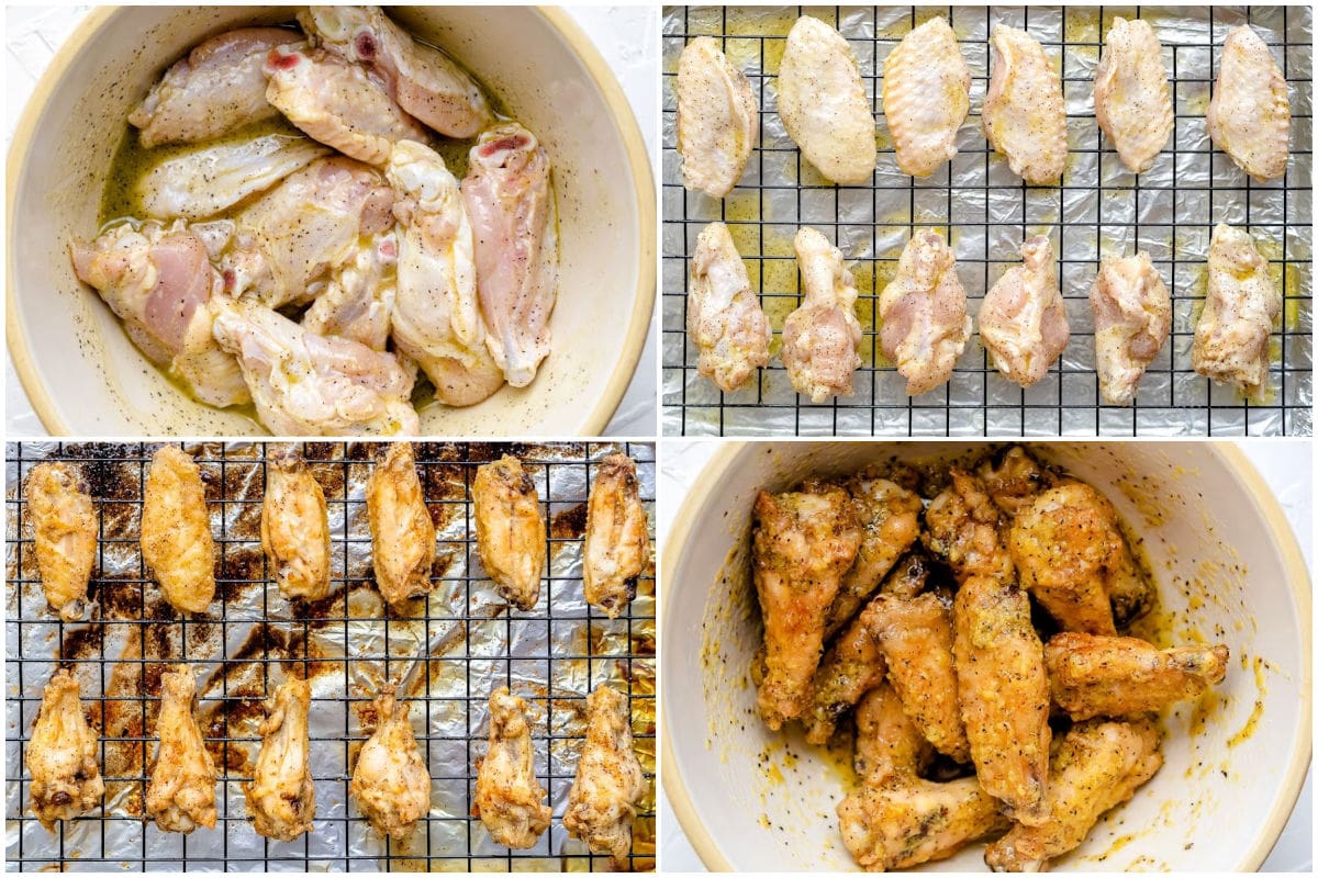 how to make lemon pepper wings in 4 image collage