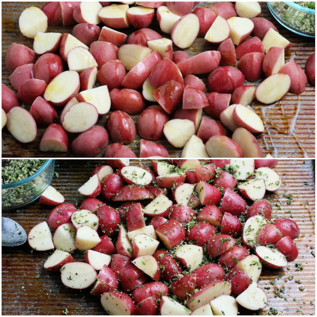 2 image collage showing olive oil being drizzled over potatoes and then herbs and seasoning being mixed in