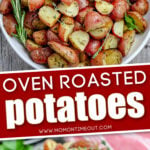 2 image collage of oven roasted potatoes top down view for the top image and close up image on the bottom with center block text overlay
