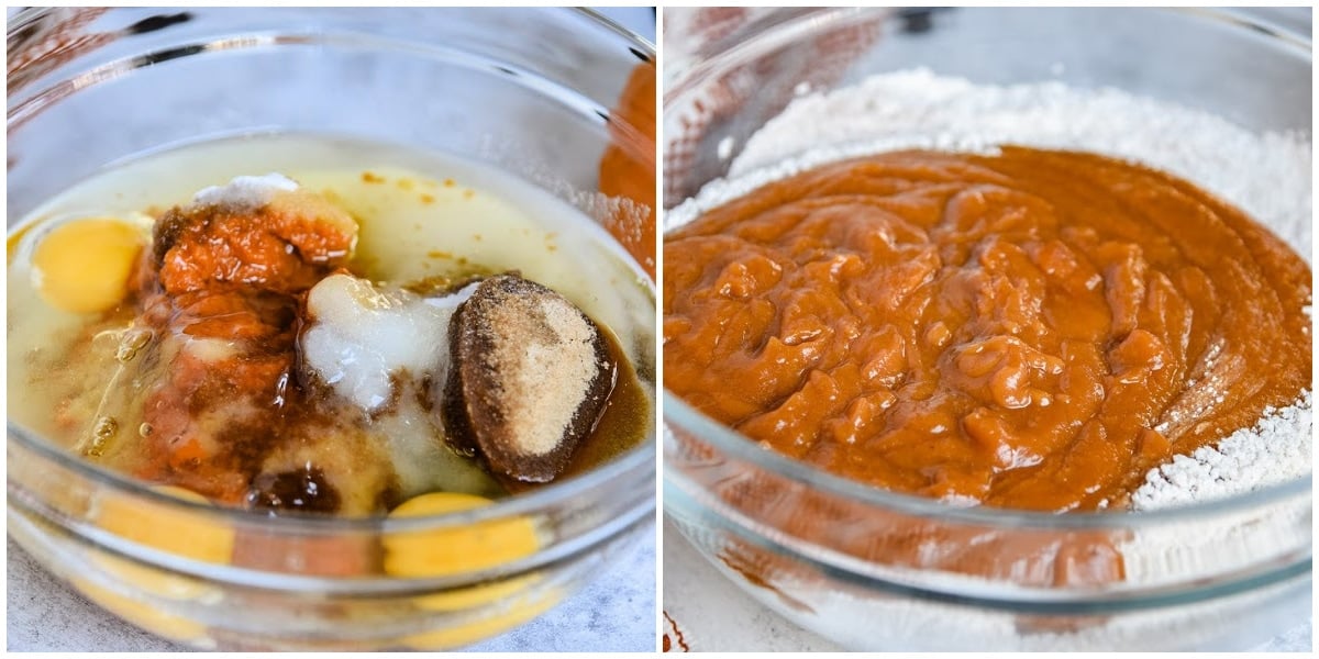 two image collage of pumpkin bread batter being mixed together in glass bowl