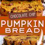 2 image collage of pumpkin bread sliced and stacked with center color bock and text overlay