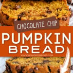 2 image collage of pumpkin bread sliced and stacked with center color bock and text overlay