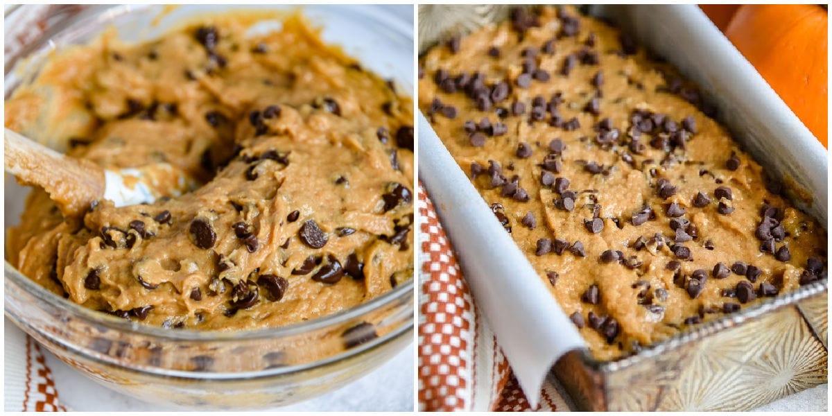 two image collage of ready pumpkin bread batter and the batter poured into prepared bread pan