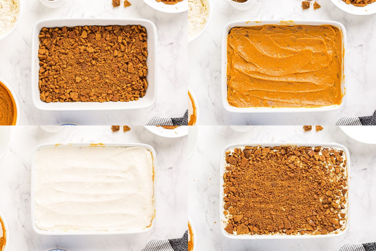 pumpkin lasagna process 4 image collage showing dessert being assembled in baking dish