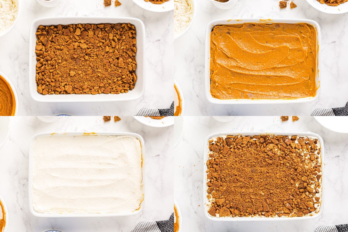 pumpkin lasagna process 4 image collage showing dessert being assembled in baking dish