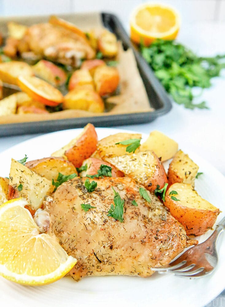 sheet pan greek chicken recipe plated on white plate and garnished with fresh parsley and a lemon wedge