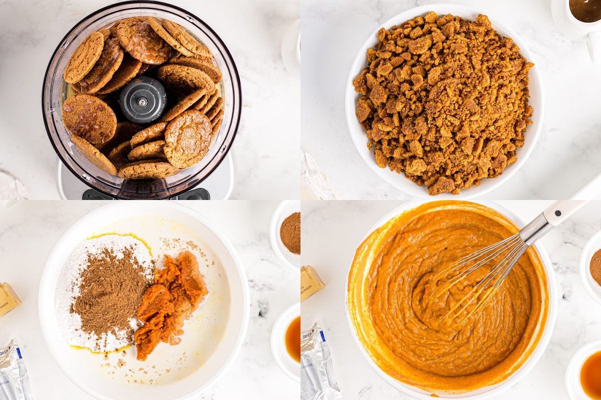 pumpkin lasagna process collage showing crust being made and pumpkin filling being combined